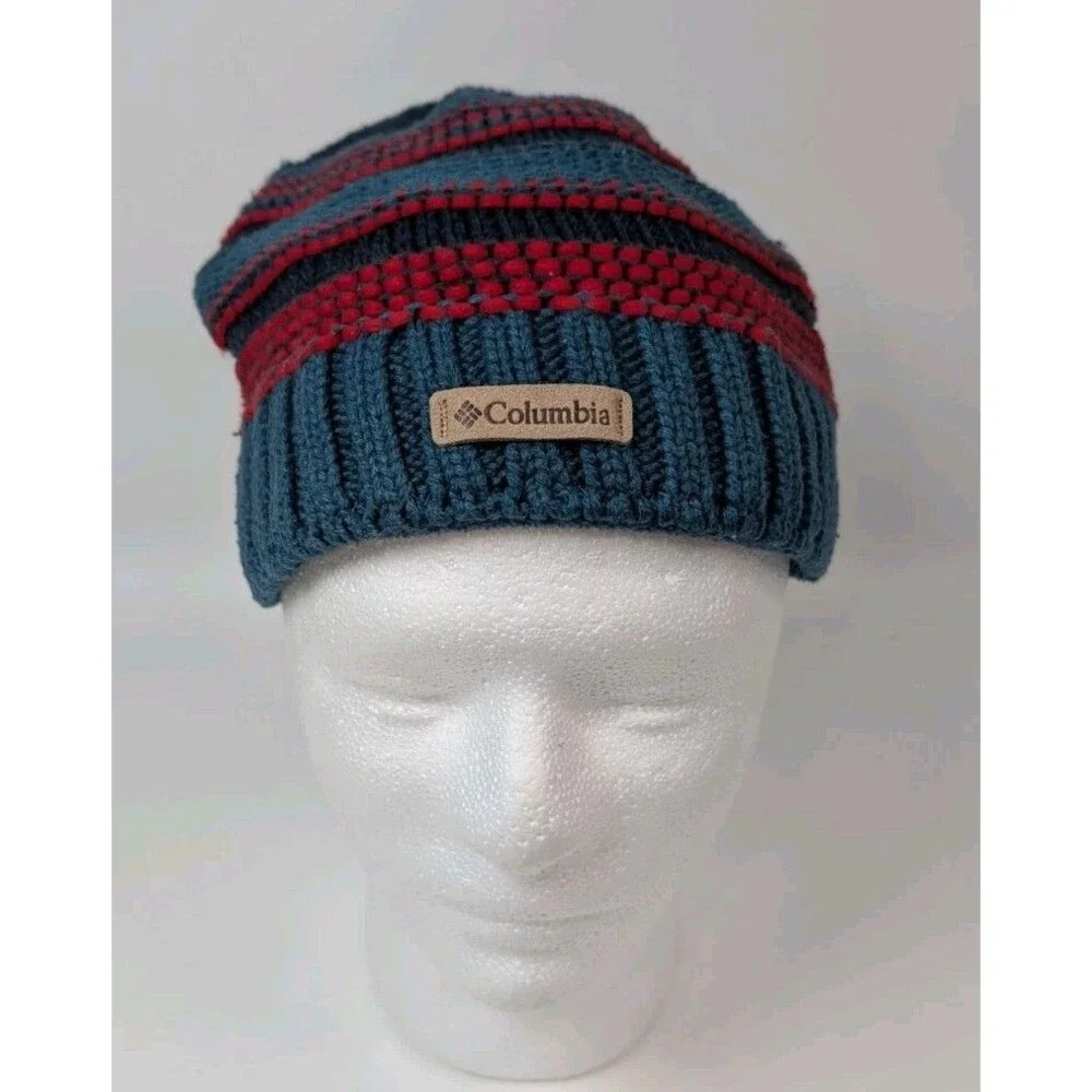 Columbia Knit Beanie Hat Blue Red Striped Fleece Lined Unisex Winter Cap